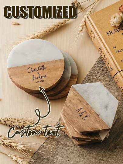 Posavasos personalizados de mármol y madera grabados, se pueden personalizar con texto/nombre y fecha, regalos de boda/fiesta de bodas con incrustaciones de mármol en madera, elegantes protectores de copas de champán y vino - Regalos personalizados para damas de honor, recuerdos de boda, regalos del Día de San Valentín - Lujo