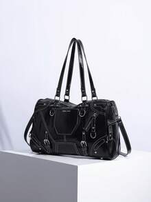 Bolso de hombro tipo tote con panel transparente, versátil para ir y venir - Negro - Ver 2