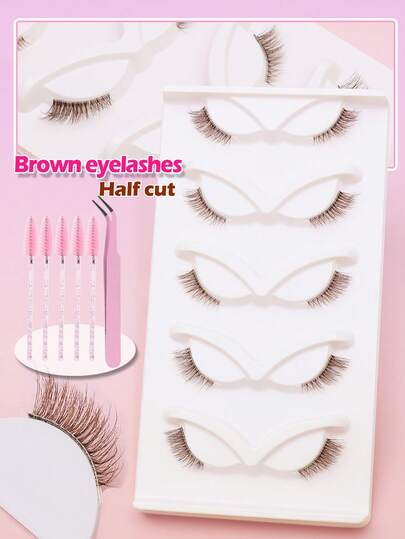 Ayrmilla 5 Pairs Brown Half-Eye False Eyelashes, Korean Occasional Eye Makeup, DIY Transparent Natural Curly Thin Outer Lashes, Natural Curl, Delicate Outer Lashes, Soft Crossing Lashes