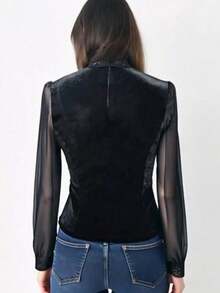 Women's Lace Mesh Sheer Long Sleeve Blouse, Women's Knitted Lace Ruffle Hem Long Sleeve Black Shirt, Women's Vacation Wear, Elegant Lace Trim Ladies Apparel, See-Through Sleeve Bodycon Off Shoulder Top, Suitable For Beach, Dinner, Date, Holiday, School, Vacation, Home, Daily, Travel, Spring, Summer, Autumn, Valentine's Day - Black - View 5