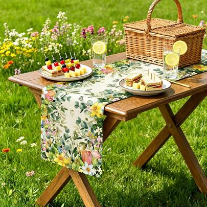 Blooming Eucalyptus Spring Table Runner, Seasonal Summer Kitchen Dining Table Decor, Suitable For Most Tables: Daily Kitchen Dining, Family Gatherings, Indoor Or Outdoor Party Decorations, Holidays, Special Occasions, Also Can Be Used To Decorate Dining Tables, Fireplaces, Entryway Tables, Coffee Tables, Vanity