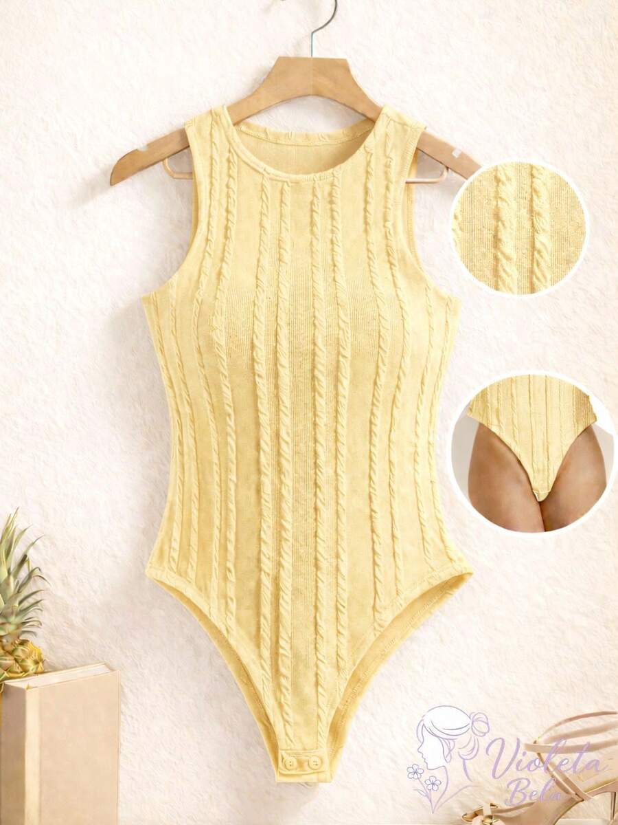 Women's Ribbed Sleeveless Bodysuit With Round Neck, Perfect Fit, Casual, Knitted Cable Knit, Vacation, Beach - Màu vàng bơ - Xem 1