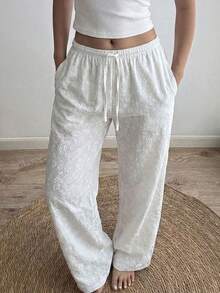 Y2K Style Women's White Straight Jacquard Casual Pants, Suitable For Daily Casual And Work Commute, Wear In Spring - White - View 1