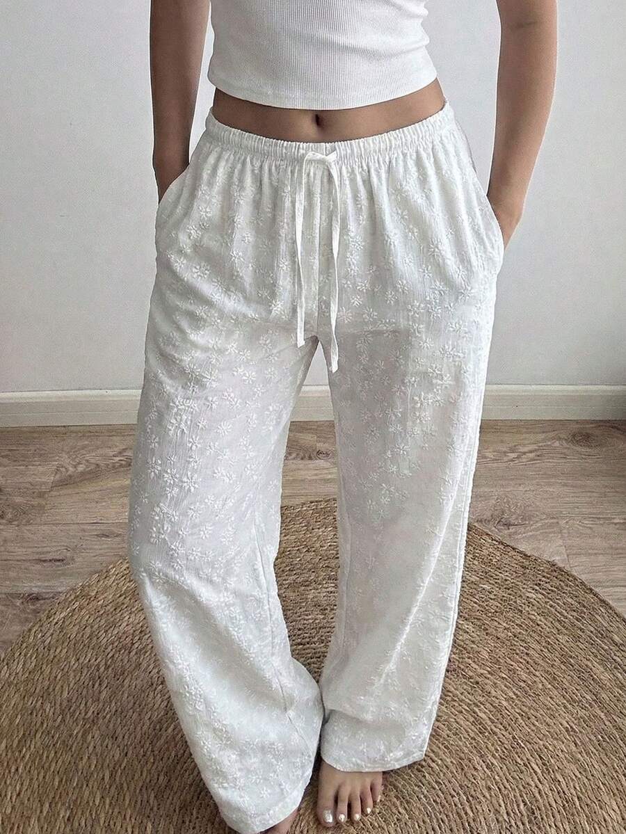 Y2K Style Women's White Straight Jacquard Casual Pants, Suitable For Daily Casual And Work Commute, Wear In Spring - White - View 1