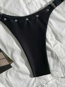 两件套性感黑色泳衣，银色铆钉点缀 | 挂脖比基尼上衣 + 丁字裤泳裤 | 完美适用于海滩度假、泳池派对和夏季节日庆典 - 黑色 - 查看 6