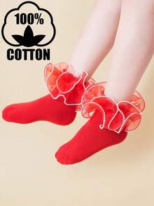 1 đôi tất cotton lưới màu đỏ viền ren dành cho bé gái, tất dài đến bắp chân dùng cho khiêu vũ, tất cotton thường ngày cho trẻ em, phù hợp mọi mùa. - Đỏ - Xem 1