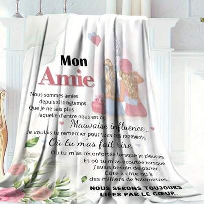 1条舒适的法式友谊信息印花法兰绒毯，柔软的涤纶针织设计，用途广泛，可机洗，毛绒绒的，是居家、旅行、户外活动的理想礼物，四季皆宜，温暖舒适，非常适合沙发、床、办公室或旅行使用，是送给挚友的贴心礼物。