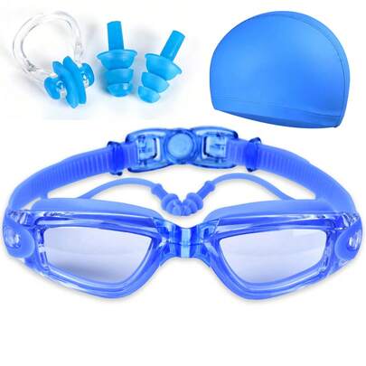 Swimming Goggles With Hat And Ear Plugs, Anti-Fog UV Protection For Men And Women, Waterproof Eye Protection