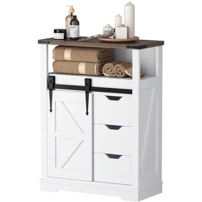 Gabinete de piso de baño, pequeño organizador de almacenamiento de madera con puerta deslizante del granero y 3 cajones, armario de pie libre de la granja con estante abierto para cocina / sala de estar / baño