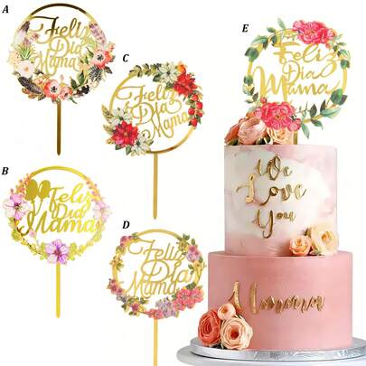 1pc/3pcs Acrylic Gold Floral Mother's Day Cake Topper, Suitable For Mom's Birthday Party