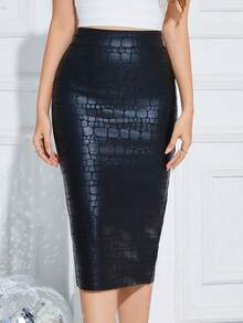 Falda midi elegante de mujer de piel sintética negra con estampado de cocodrilo y abertura, para primavera - Negro - Ver 2