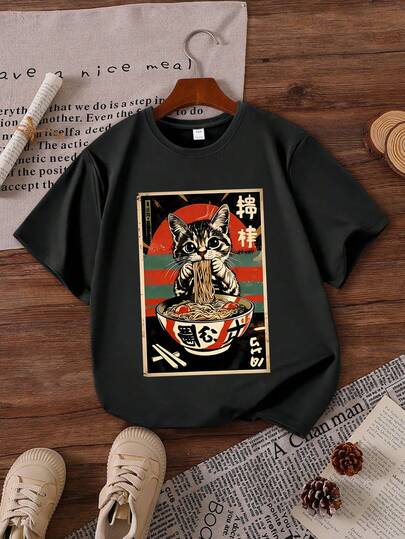 Cute Cartoon Cat Ramen Print Round Neck T-Shirt, Y2K Style Casual Soft & Comfortable Top For Young Girls, Spring/Summer