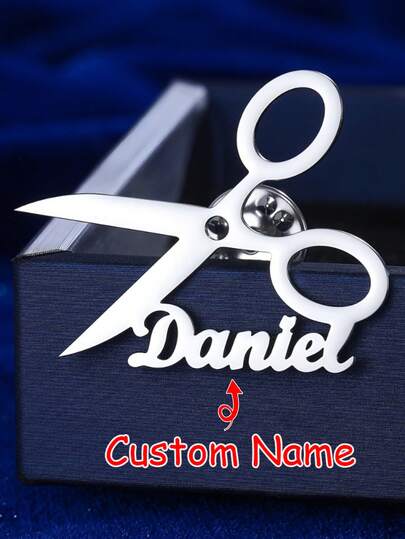 Broche de tijeras con nombre grabado personalizado - Elegante broche de solapa estilo bohemio, accesorio personalizado para peluquero, adecuado para uso diario y ocasiones de regalo, joyería de San Valentín, regalo de San Valentín | Accesorio personalizado | Broche de metal duradero, broche de tijeras