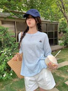 蓝色条纹长袖轻质防晒 T 恤，带刺绣细节，宽松休闲款式罩衫 - 藍色 - 查看 5