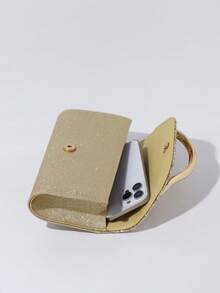 1件女士时尚复古金属手柄晚宴手拿包，奢华优雅闪亮水钻亮片装饰，金属细节盒形包身，配有可拆卸金属链条肩带，适合婚礼、派对、舞会、夜店、正式场合、盛装打扮、钱包等场合。 - 金色 - 查看 9