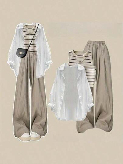 春夏セット女性の新しい怠惰な風日焼け止めシャツストライプベスト洋風スリムカジュアルパンツ3点セット