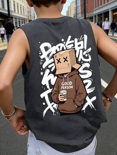 Áo ba lỗ dáng rộng cho bé trai, họa tiết hoạt hình đầu người và hình vẽ graffiti, dòng chữ "Kind Person", kiểu áo không tay thoải mái, phù hợp cho phong cách đường phố mùa hè, thể thao & giải trí, mặc hàng ngày.