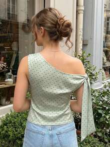 Women Tank Tops Off One Shoulder Sleeveless Dot Print Ruched Summer Crop Going Out Vest - Mint Green - View 4