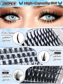 Queenice 297PCS DIY Spiky Lash Cluster Set, Bottom Lashes + Spiky Style + 80D/100D Individual Lash Clusters, Three Styles Of Voluminous Lash Clusters, Spiky Individual Lash Clusters, Ideal For Daily Eye Makeup And Holiday Gifting - 黑色 - 查看 4