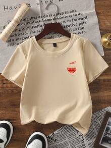 1pc Toddler Boys' Casual Noodle Print Round Neck Short Sleeve T-Shirt, Summer Student Young Children Clothing - The Noodle Print T-Shirt Brings Joy And Happiness To Every Child! PHO LOVER - Apricot - View 4