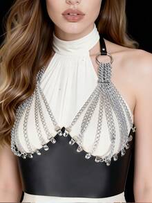 女士性感银链身体饰品，皮质胸罩式背心，适合夜店派对的锐舞节装扮 - 彩色 - 查看 3