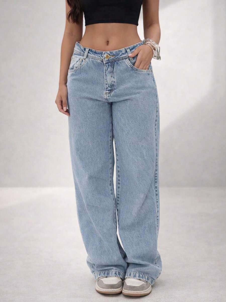 Women's Light Blue Wide Leg Jeans, Light Wash, Streetwear Fashion Y2K - Rửa nhẹ - Xem 1