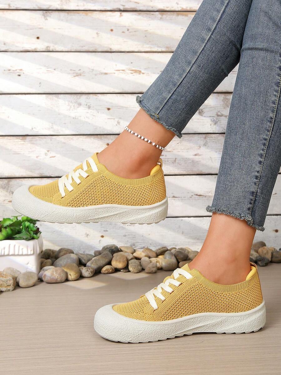 女士透气网眼针织休闲鞋，轻便软底系带帆布运动鞋，夏季薄款白色鞋