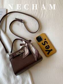 1pc Elegant Vintage Shoulder Bag With Scarf, High-Quality Embossed Leather Handbag - Coffee - View 3