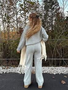 Mejors Women's Casual Cute 2-Piece Set, Y2K Street Style Solid Color Knit Sweater Top And Knit Pants Set, Warm And Comfortable Loungewear, Suitable For Daily Wear, Back To School, Autumn/Winter Outings, As Well As Christmas, Valentine's Day, New Year And Other Holidays - Grey - View 8