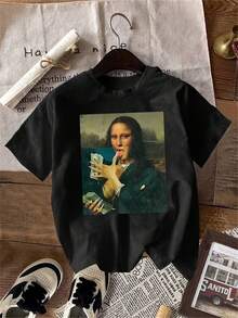 Plus Size Printed Crew Neck Short Sleeve T-Shirt Women Casual Loose Fit Breathable Soft Tops All Season Outdoor Sports Fitness Daily Wear Fashion Tee - 黑色 - 查看 1