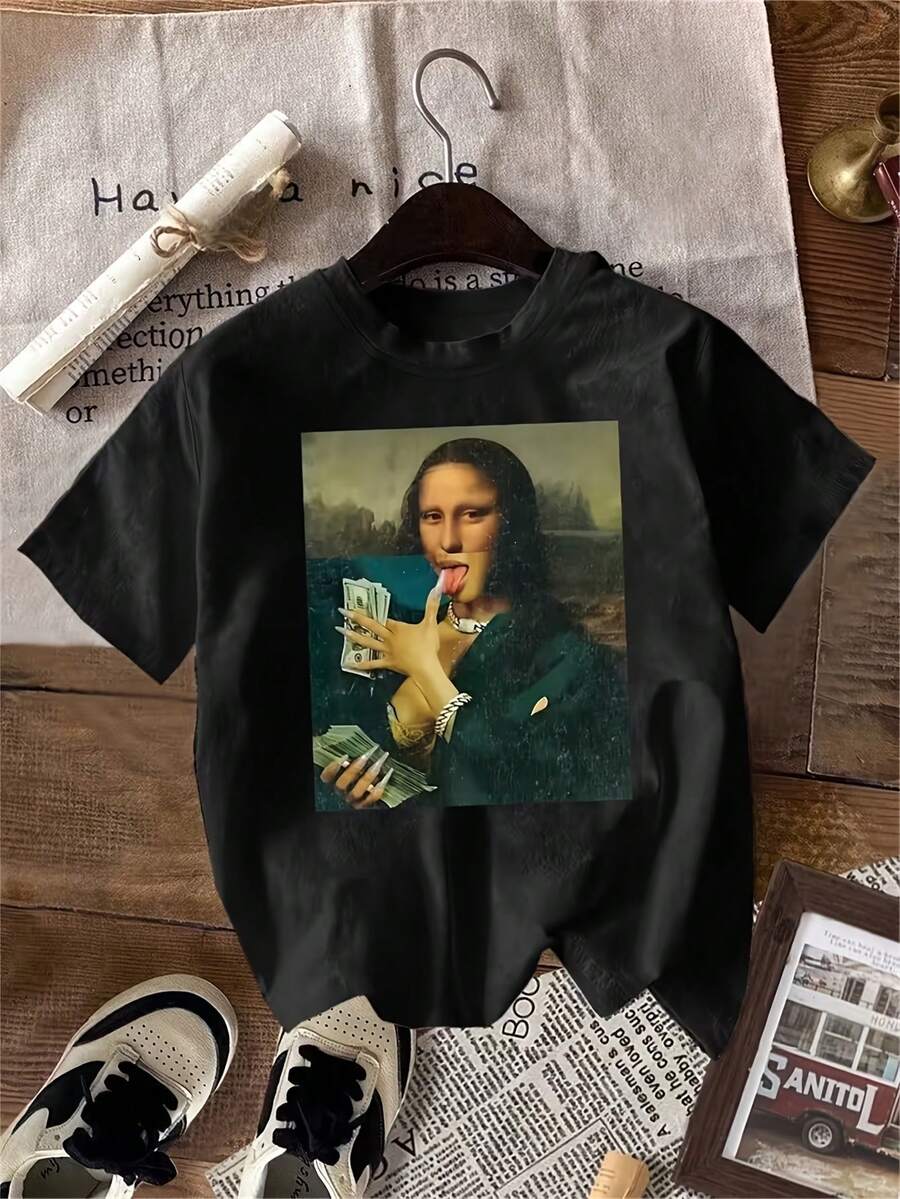 Plus Size Printed Crew Neck Short Sleeve T-Shirt Women Casual Loose Fit Breathable Soft Tops All Season Outdoor Sports Fitness Daily Wear Fashion Tee - 黑色 - 查看 1