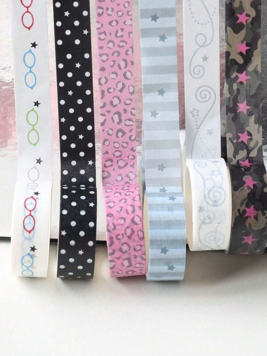 One Roll Of Korean Handmade Stationery And Drawing Tape, Featuring Star-Shaped Glasses, Polka Dots, And Black Pattern Decorations For Collage. DIY Craft Material Tape Roll, Suitable For Decorating Books And Students With Leopard Print. - Roll - View 1