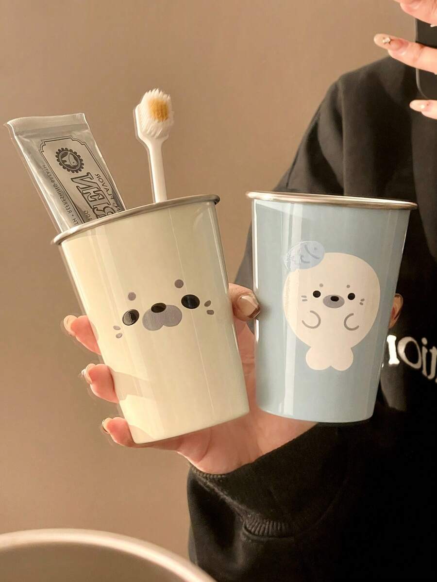单只装 - 可爱卡通海豹水杯 | 情侣理想之选 | 宿舍适用 | 耐用不锈钢浴室杯 | 节省空间设计 | 易于清洁 | 多功能 | 轻巧实用