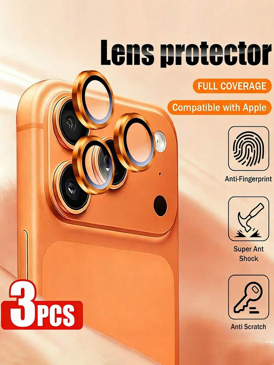 3pcs Camera Lens Protector For IPhone 17 Pro/17 Pro Max, High-Definition Tempered Glass Lens Cover, Metal Lens Screen Protector Ring, Orange, Phone Camera Protection, Fashionable Phone Accessory, Durable Phone Accessory, Premium Glass, Phone Screen Protector