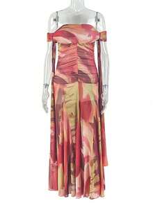 Women's Summer Western Style Printed Long Dress, Sleeveless With Oblique Neckline, Pleated Slim Fit Skirt, Cool And Breathable - Màu đỏ và màu vàng - Xem 6