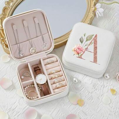 Elegant Mother's Day Jewelry Box Mini Suitcase, Women And Mother's Fashion Floral Pattern Pink Initial Jewelry Storage Box, Jewelry Display And Storage Box For Earrings Rings, Small Jewelry Travel Case, Honeymoon Birthday Anniversary Gift, Travel Outdoor Equipment