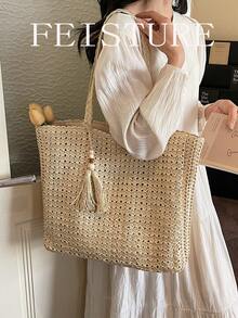 1pc FEISTURE Large Capacity Fringed Woven Shoulder Beach Bag, Travel Straw Bag, Spring/Summer - White - View 11