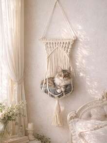 1 buc. Pat hamac decorativ suspendat pentru animale de companie, bej, stil boho, modern, nordic, în formă de leagăn, montat pe perete, cu detaliu nod țesut manual, accent lung cu ciucuri, coș confortabil pentru pisici, scaun de odihnă interior elevat pentru sufragerie, dormitor, balcon, colț de fereastră, mobilier pentru animale de companie, decorare casă, cadou pentru iubitorii de pisici - Bej - Vizualizare 4