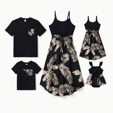 Family Matching Tropical Leaf Print Outfit Set: Dad Tee, Mom Dress, Kid Tee, Baby Romper - màu đen - Xem 1