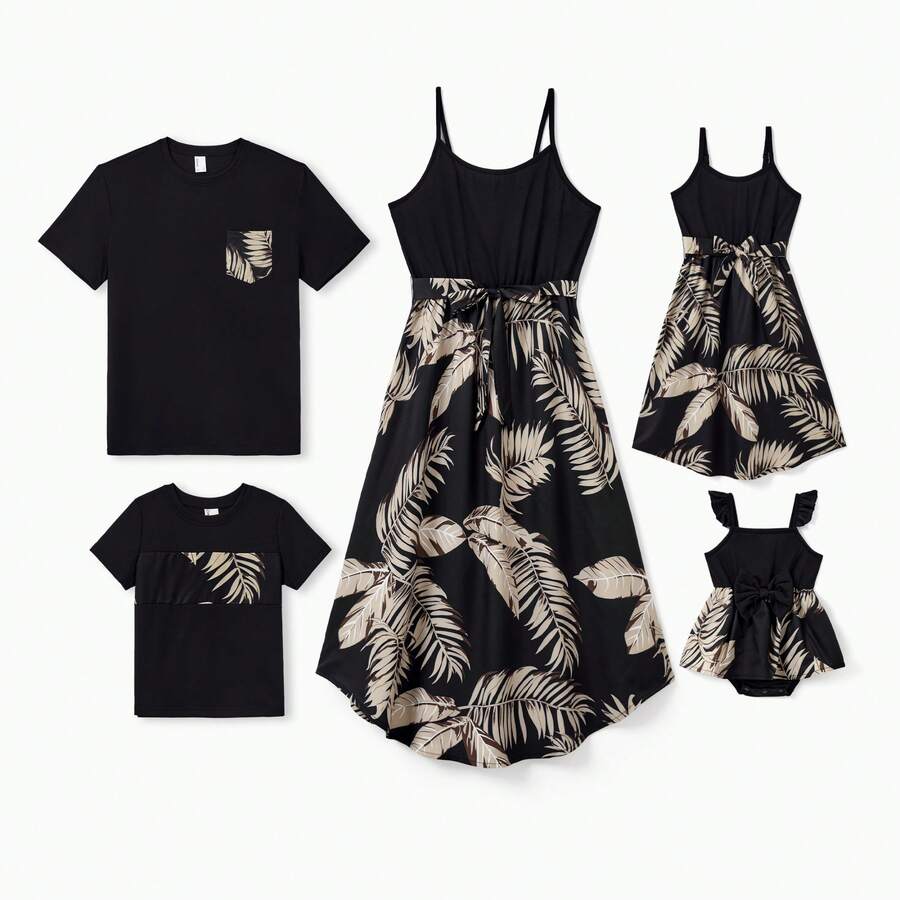 Family Matching Tropical Leaf Print Outfit Set: Dad Tee, Mom Dress, Kid Tee, Baby Romper - màu đen - Xem 1