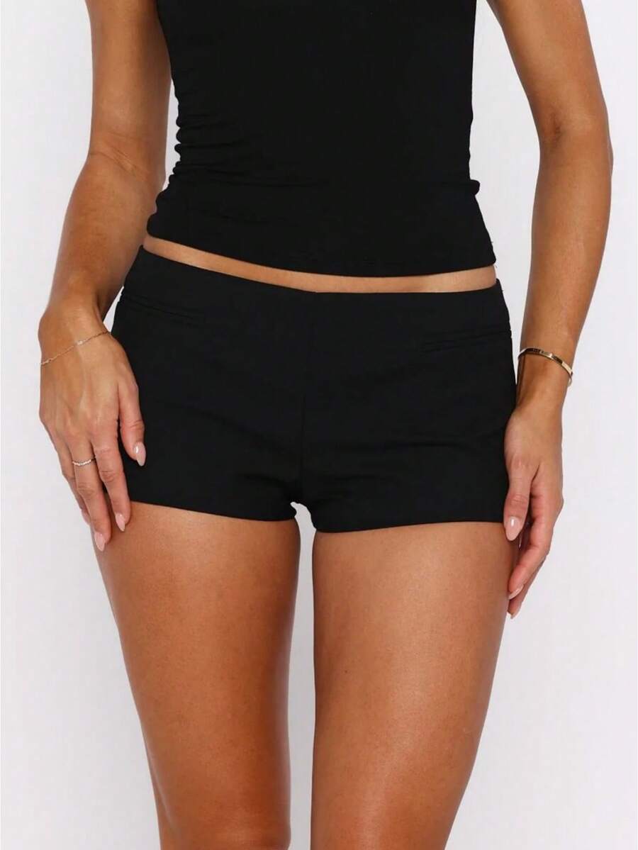 Women Y2k Micro Shorts Low Waist Skinny Shorts Hot Pants Going Out Mini Bottoms Streetwear Solid Color Back Zipper Mini Shorts Rave Outfits - 黑色 - 查看 1