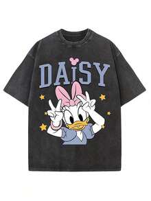 Disney Official Licensed  Family Vintage Wash T-Shirt 230g Cotton Crew Neck Drop Shoulder Unisex Tee - 黑色 - 查看 1