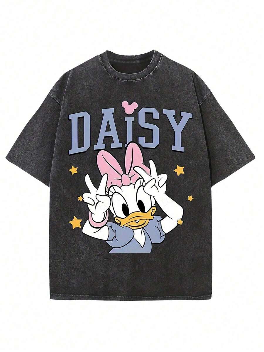 Disney Official Licensed  Family Vintage Wash T-Shirt 230g Cotton Crew Neck Drop Shoulder Unisex Tee - 黑色 - 查看 1