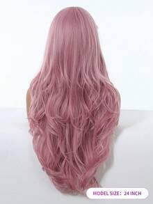 24 Inch Machine Made Light Pink Wavy Wig With Bangs, Voluminous Body Wave Adjustable Strap For Festival Ready - Pink - View 5