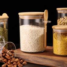 1pc Transparent Plastic Storage Jar With Bamboo Lid And Spoon, Airtight Moisture-Proof, Suitable For Kitchen Storage Of Sugar, Spices, Tea, Coffee, Flour, Nuts, Grains, Bath Salts And More - Kitchen Gadget - Multicolor - View 7