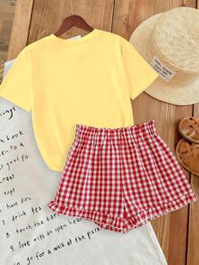 Set de 2 piezas con parte superior y shorts a cuadros para niña (corte aleatorio), conjunto de shorts con estampado creativo, suave y cómodo, adecuado para uso diario en primavera/verano - Amarillo - Ver 3