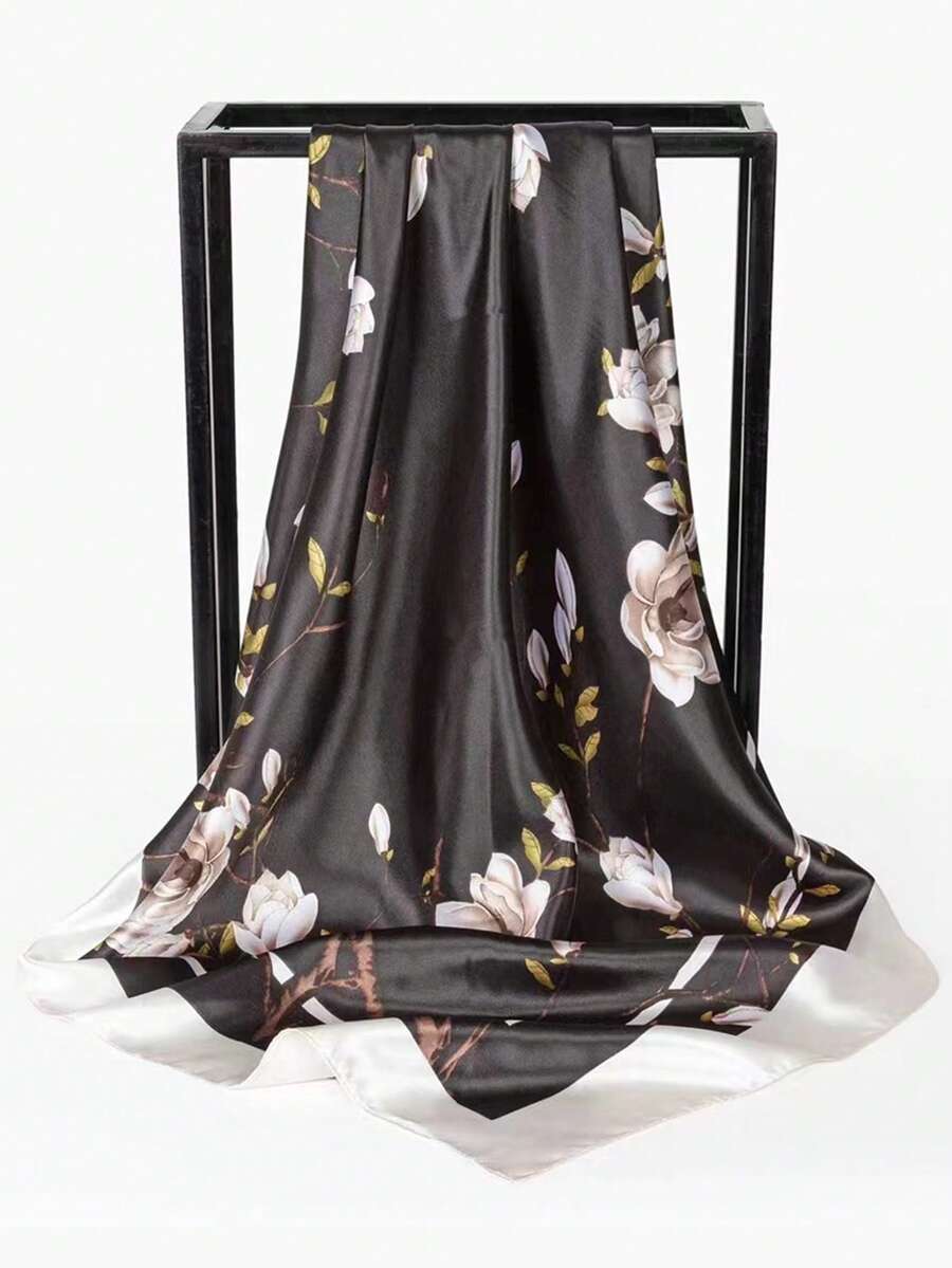 1pc Women's Satin Smooth Texture Cashew Pattern Printed Large Square Scarf, Suitable For Outings And Daily Wear - Flowers Black - View 1