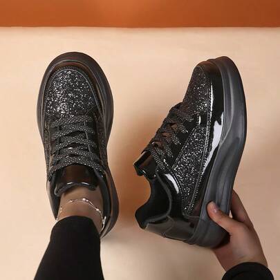 Zapatillas casuales brillantes para mujer - Zapatillas de moda casual de cordones y suela baja. Adecuadas para actividades al aire libre, viajes y uso casual diario. Apropiadas para uso casual diario, escuela, viajes de corta distancia y compras. Combinan perfectamente con jeans de pierna recta, pantalones cargo, uniformes escolares y atuendos estudiantiles.