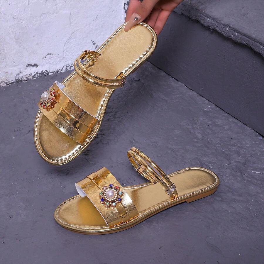 Sandalias casuales de mujer con perlas de moda, sandalias de playa de piel de PU para primavera/verano - Dorado - Ver 1