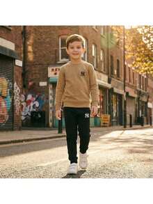 Boys' Unisex Fleece Tracksuit Set With Side Detail, Warm Flannel Sweatshirt And Pants, Winter Fashion For Children - Beige - View 2